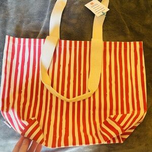 Dance Happy Red and White Striped Tote Bag with Bucket Hat and Makeup Bag